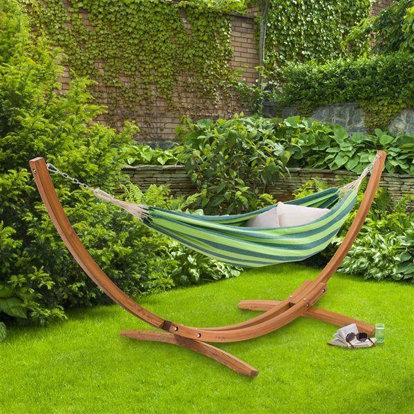 CorLiving Warm Sun Blue/Green Fabric Hammock - Wood Stand Included