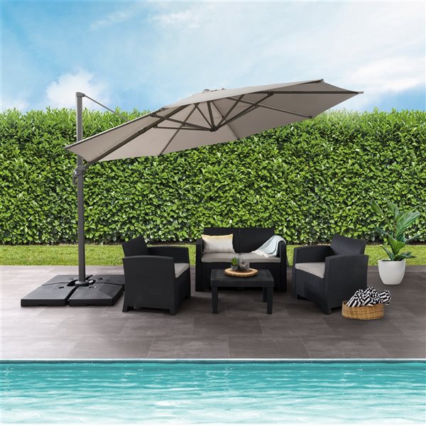 CorLiving 11.5ft UV Resistant Deluxe Offset Tilting & Rotating Sand Grey Patio Umbrella and Base