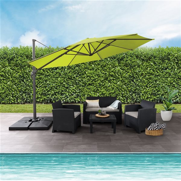 CorLiving 11.5ft UV Resistant Deluxe Offset Tilting & Rotating Lime Green Patio Umbrella and Base