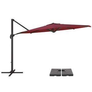 CorLiving Parasol de patio inclinable et rotatif de luxe de 11,5 pieds résistant aux UV et base rouge vin