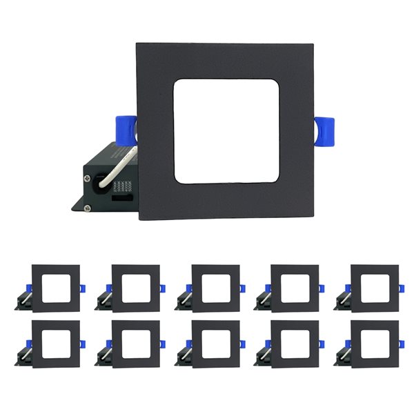 Ensemble d'éclairages encastrés DawnRay DEL à intensité variable carrés noirs de 4 po étanche à l'air IC, paquet de 10