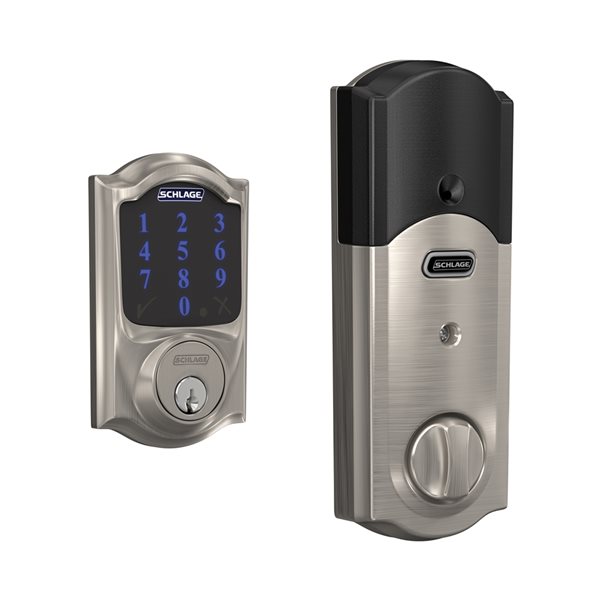 Schlage BE Series Camelot Satin Nickel Single-Cylinder Electronic Deadbolt Lighted Keypad with Built-In Z-Wave