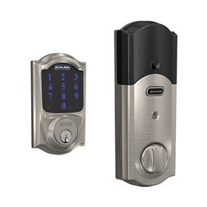 Schlage BE Series Camelot Satin Nickel Single-Cylinder Electronic Deadbolt Lighted Keypad with Built-In Z-Wave