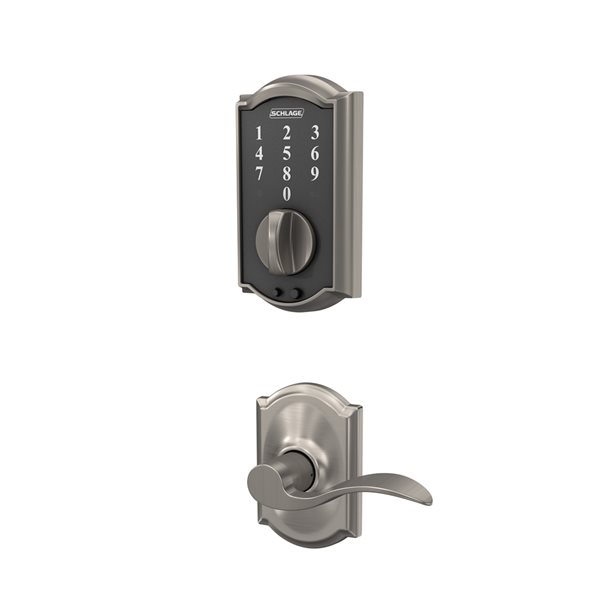 Schlage FBE Series Accent-Camelot Satin Nickel Single-Cylinder Deadbolt  Electronic Handleset Lighted Keypad 15531 RONA