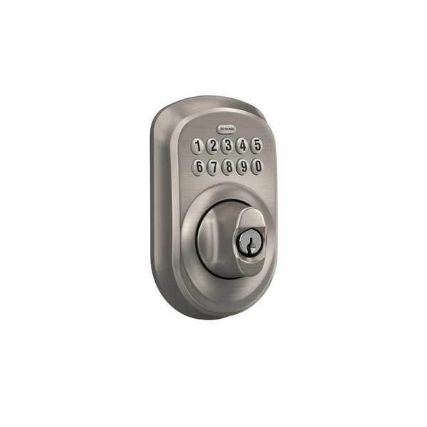 Schlage BE Series Plymouth Satin Nickel Single-Cylinder Electronic Deadbolt Lighted Keypad