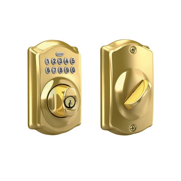 Schlage BE Series Camelot Bright Brass Single-Cylinder Electronic Deadbolt Lighted Keypad