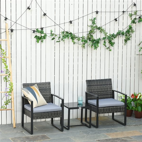 Outsunny grey Wicker Bistro Set with Grey Cushions Included - 3- Piece