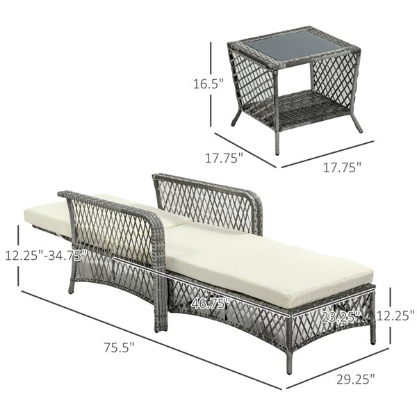 Chaise longue et table d'appoint Outsunny en osier et métal gris avec siège coussiné blanc crémeux, ensemble de 2