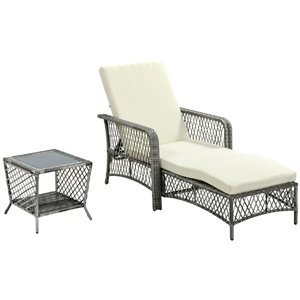 Outsunny Grey Wicker and Metal Chaise Lounge Chair and Side Table with Cream/White Cushioned Seat - Set of 2