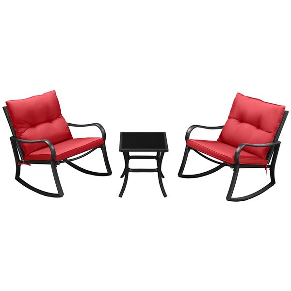 Outsunny Black Metal Rocking Chairs and Side Table with Red Cushioned