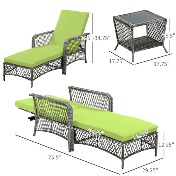 Chaise longue et table d'appoint Outsunny en osier et métal gris avec siège coussiné vert, ensemble de 2