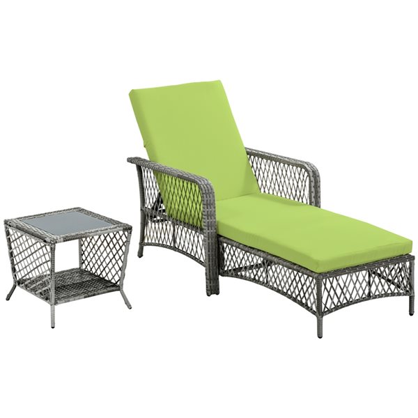 Chaise longue et table d'appoint Outsunny en osier et métal gris avec siège coussiné vert, ensemble de 2