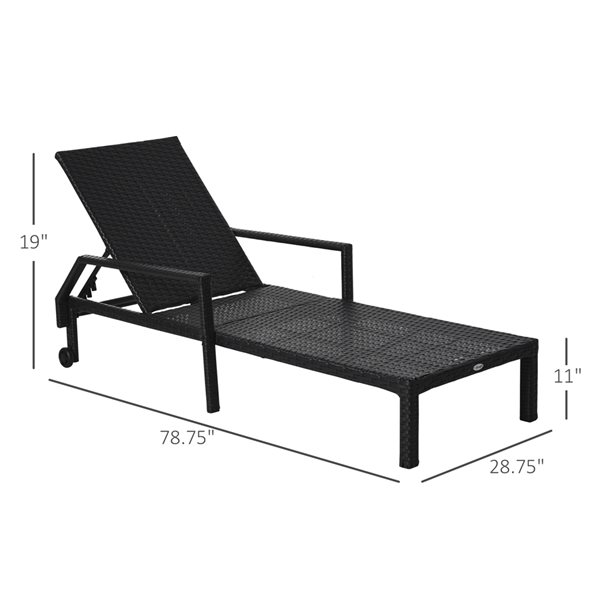 Outsunny Black Metal and Wicker Chaise Lounge Chair with Blue Cushioned Seat