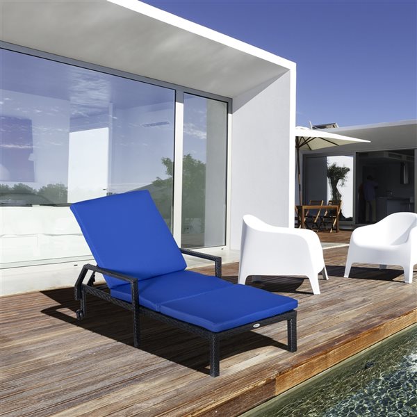 Outsunny Black Metal and Wicker Chaise Lounge Chair with Blue Cushioned Seat