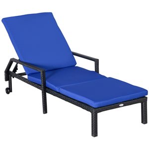 Outsunny Black Metal and Wicker Chaise Lounge Chair with Blue Cushioned Seat