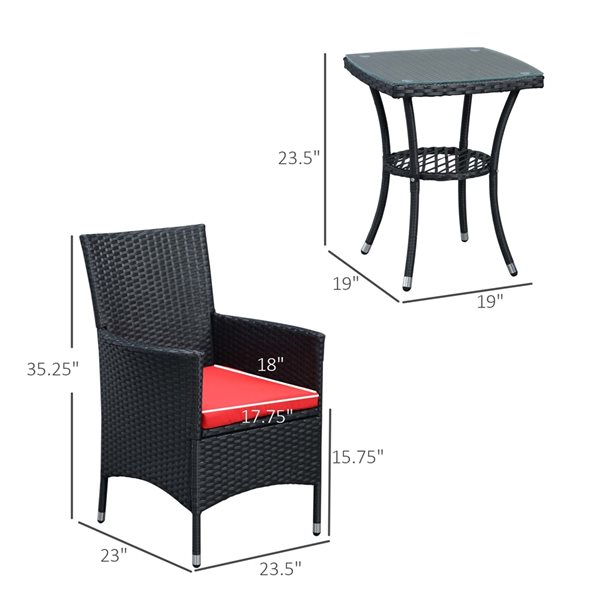 Outsunny Black Wicker Bistro Set with Red Cushions Included - 3- Piece