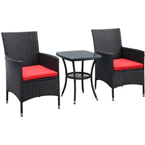 Outsunny Black Wicker Bistro Set with Red Cushions Included - 3- Piece