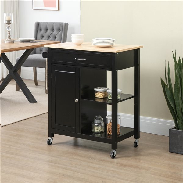 HomCom Black Composite Base with Composite Wood Top Kitchen Cart (17.75-in x 32.75-in x 34.75-in)