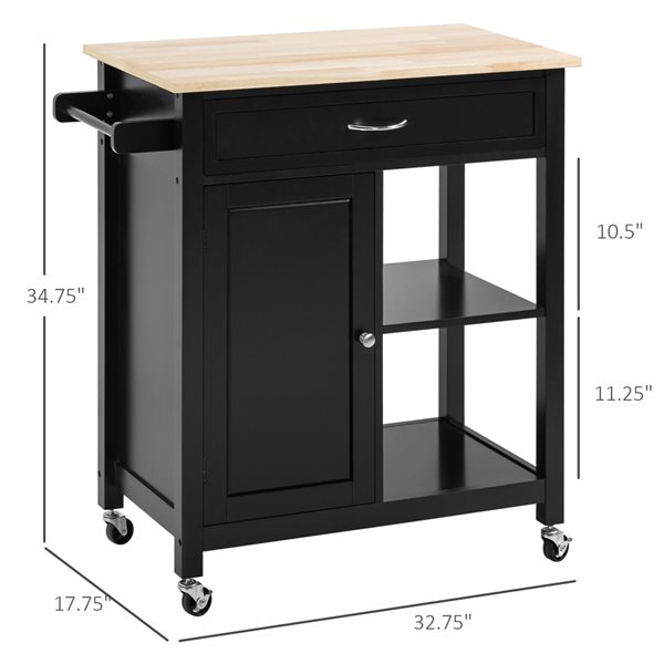 HomCom Black Composite Base with Composite Wood Top Kitchen Cart (17.75-in x 32.75-in x 34.75-in)