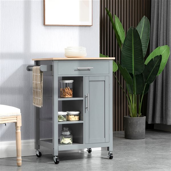 HomCom Grey Composite Base with Composite Wood Top Kitchen Cart (19-in x 27.25-in x 35-in)