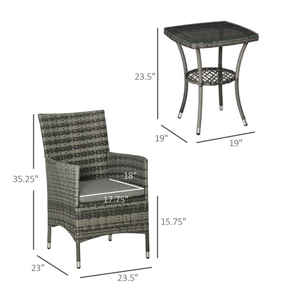 Outsunny Grey Wicker Bistro Set with Grey Cushions Included - 3- Piece