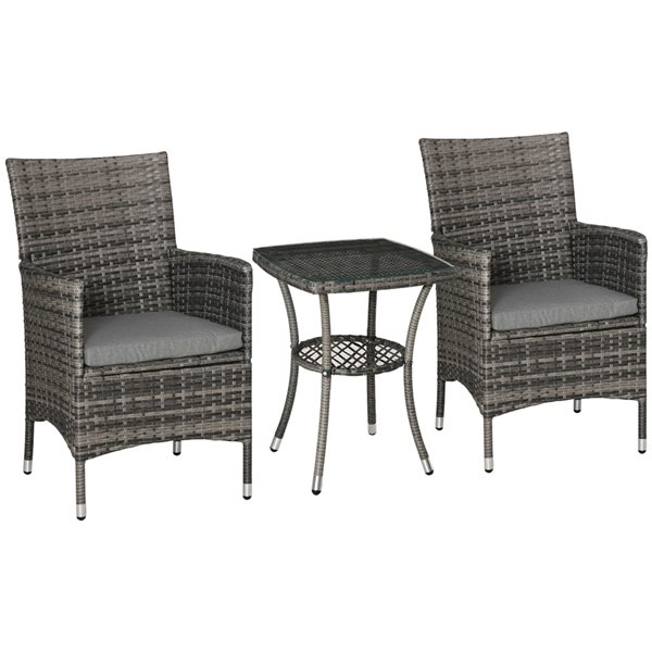 Outsunny Grey Wicker Bistro Set with Grey Cushions Included - 3- Piece