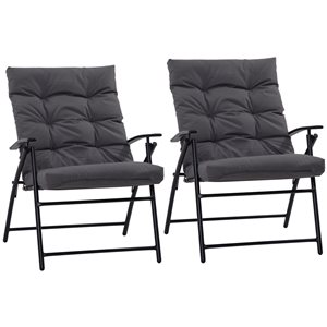Outsunny Black Metal Outdoor Chairs with Grey Cushioned Seat - Set of 2