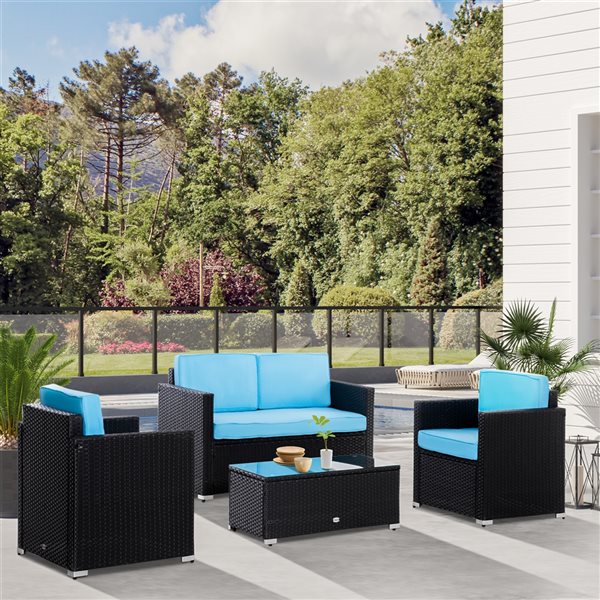 Outsunny Black Wicker Conversation Set with Blue Cushions Included - 4- Piece