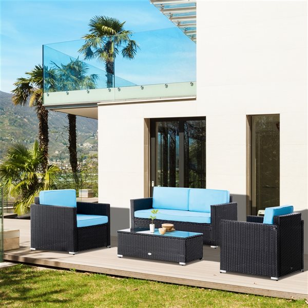 Outsunny Black Wicker Conversation Set with Blue Cushions Included - 4- Piece