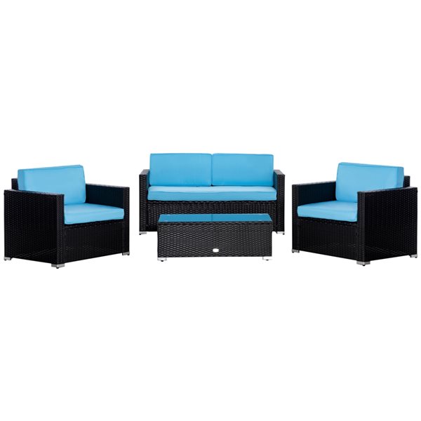 Outsunny Black Wicker Conversation Set with Blue Cushions Included - 4- Piece