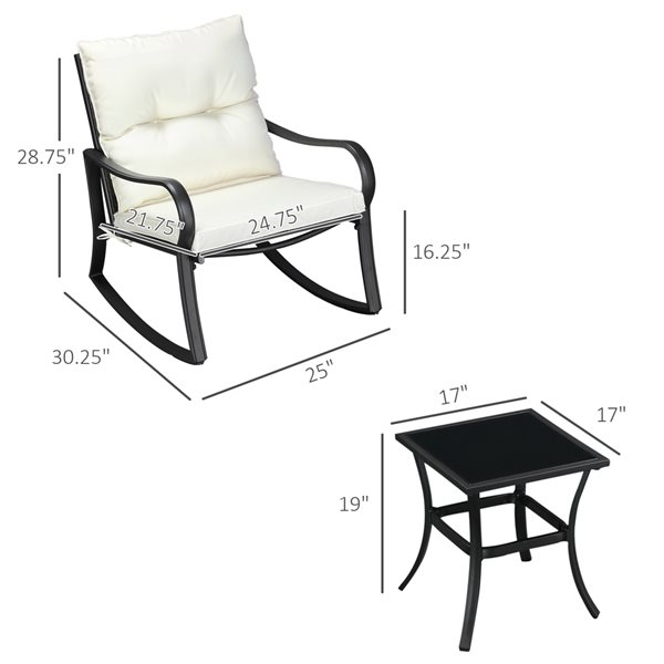 Fauteuils berçants et table d'appoint Outsunny en métal noir avec siège coussiné blanc, ensemble de 3