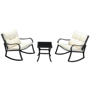 Outsunny Black Metal Rocking Chairs and Side Table with Cream White Cushioned Seat - Set of 3