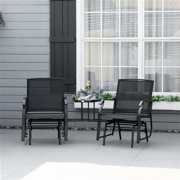 Outsunny Outdoor Black Steel Glider Chairs with Side Table Set - 3-Piece