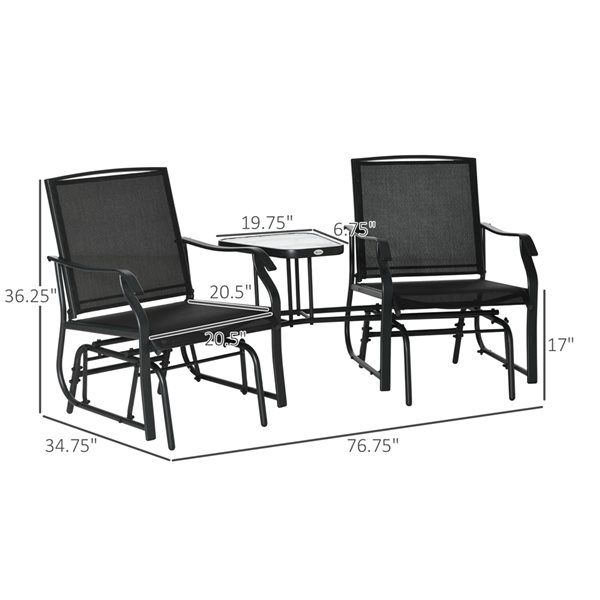 Outsunny Outdoor Black Steel Glider Chairs with Side Table Set - 3-Piece