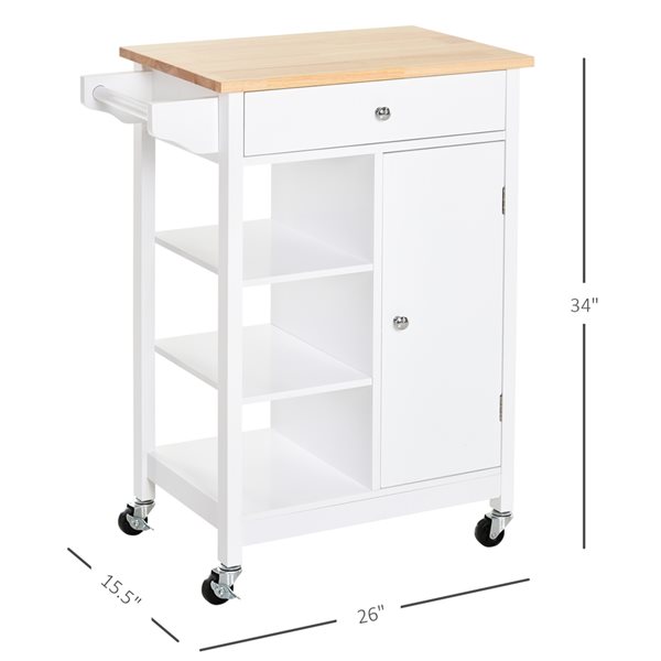 HomCom White Composite Base with Rubberwood Wood Top Kitchen Cart (15.5-in x 26-in x 34-in)