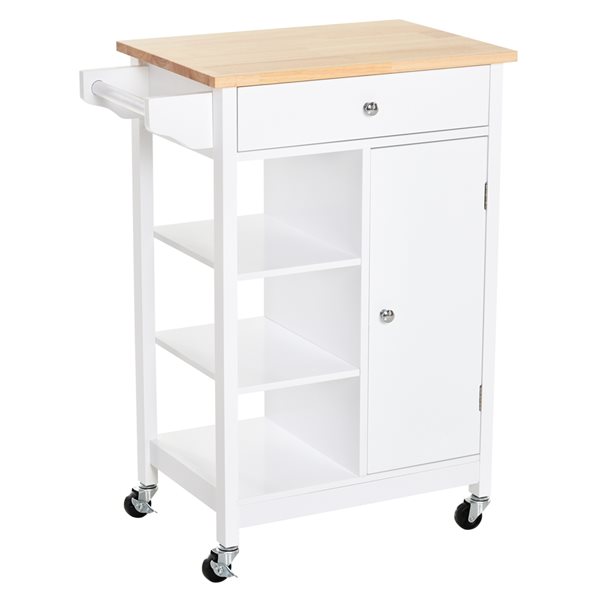 HomCom White Composite Base with Rubberwood Wood Top Kitchen Cart (15.5-in x 26-in x 34-in)