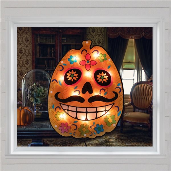 Northlight 15-in Lighted Sugar Skull Pumpkin Window Silhouette Decoration