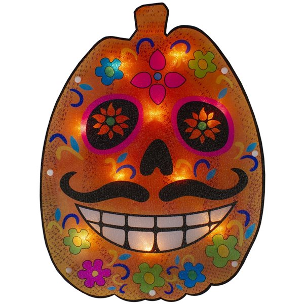 Northlight 15-in Lighted Sugar Skull Pumpkin Window Silhouette Decoration