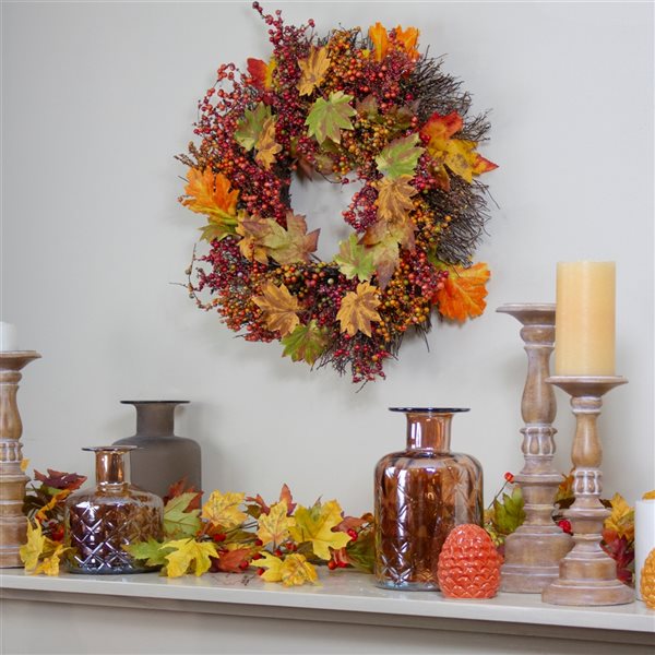 Northlight 22-in Twig Artificial Fall Wreath with Maple Leaves and Berries