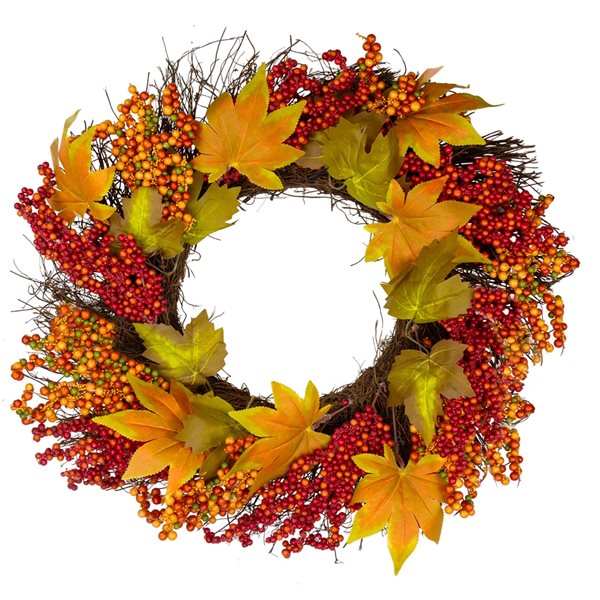 Northlight 22-in Twig Artificial Fall Wreath with Maple Leaves and Berries