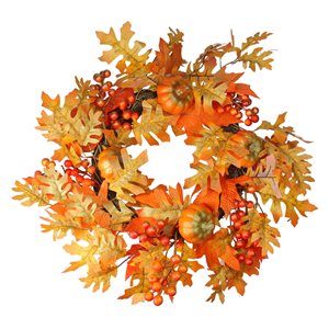 Northlight 19-in Orange Pumpkin Artificial Fall Wreath with Leaves and Berries
