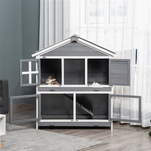 PawHut 44in Grey Wood 2Tier Rabbit Hutch D51280 RONA