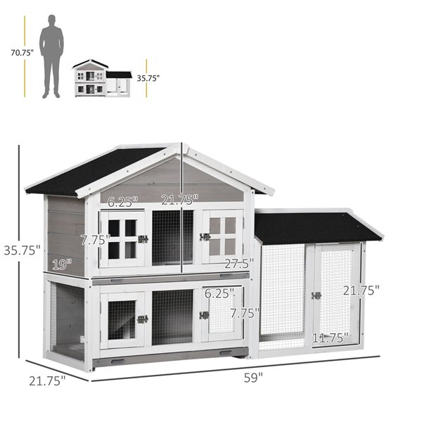 PawHut 59-in Grey Wood 2-Tier Rabbit Hutch D51-299GY | RONA