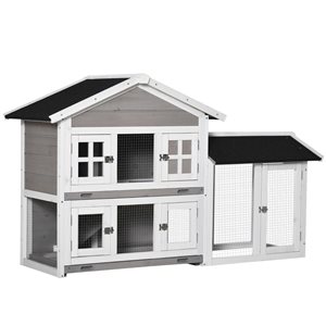 PawHut 59-in Grey Wood 2-Tier Rabbit Hutch