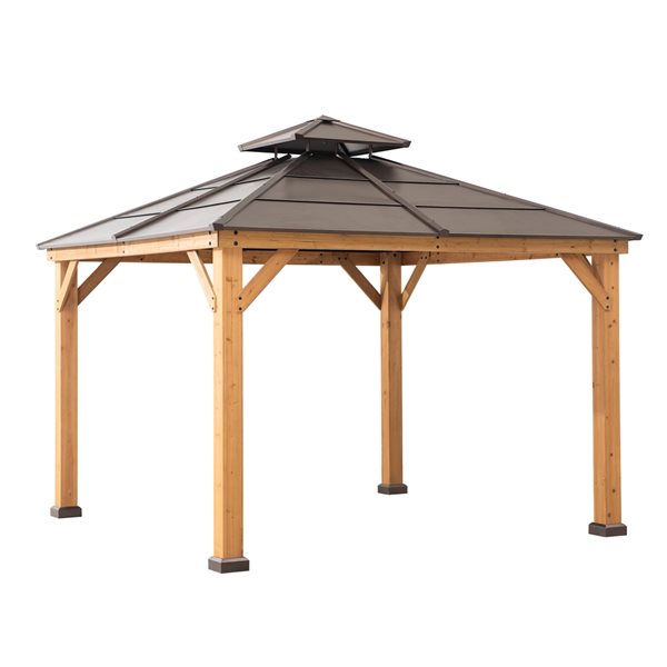 Sunjoy 11-ft x 11-ft Brown Wood Square Gazebo with Steel Roof ...