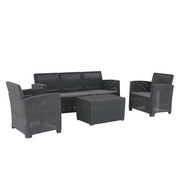 Dukap Alta 4-piece Black Faux Rattan Conversation Set with Grey Cushions Included