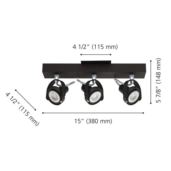 Luminaire sur rail fixe à 3 lumières Novorio 1 par Eglo de 15 po à intensité variable, noir