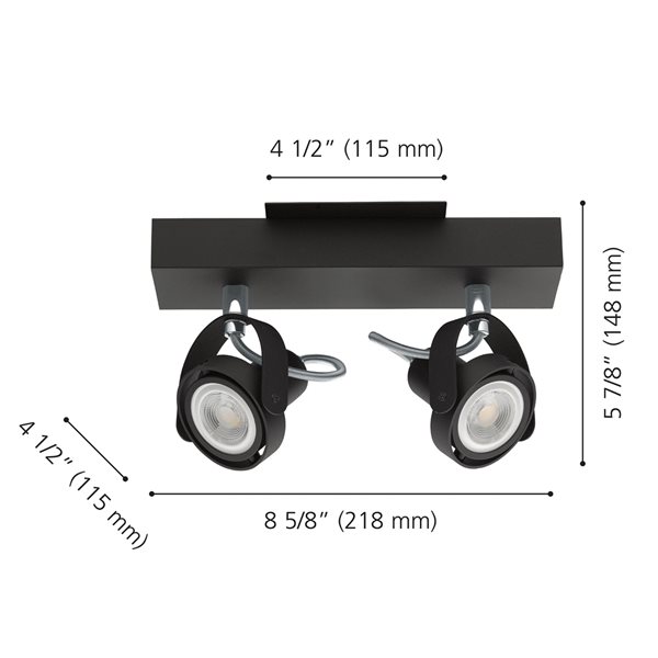 Luminaire sur rail fixe à 2 lumières Novorio 1 par Eglo de 8,63 po à intensité variable, noir