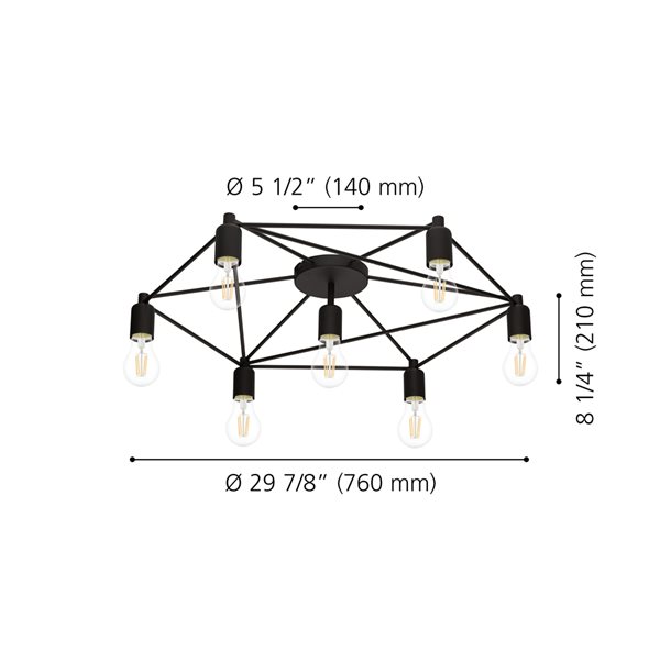 Plafonnier moderne et contemporain noir Staiti par Eglo de 29,88 po avec 7 lumières à ampoule à incandescence