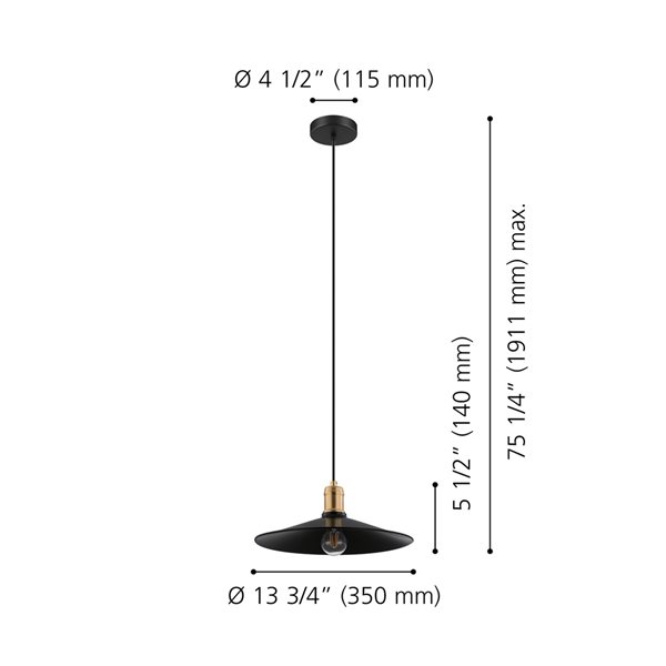 Luminaire suspendu moyen moderne et contemporain Bridport-P par Eglo avec 1 lumière à ampoule à incandescence, noir mat